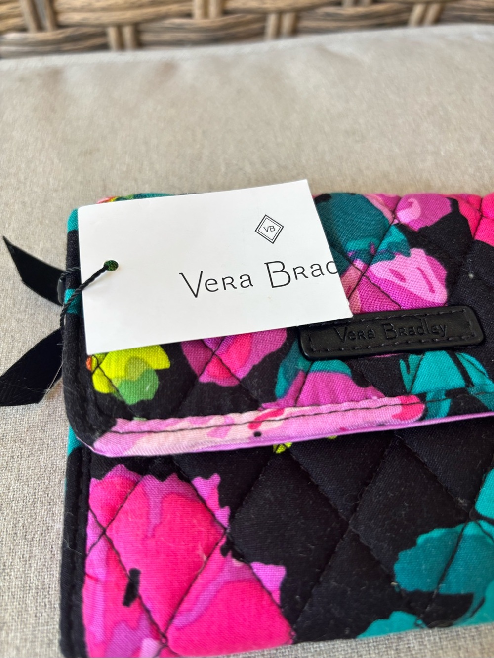 Vera Bradley Quilted Floral Trifold Wallet - Black, Hot Pink & Teal - Picture 4 of 11